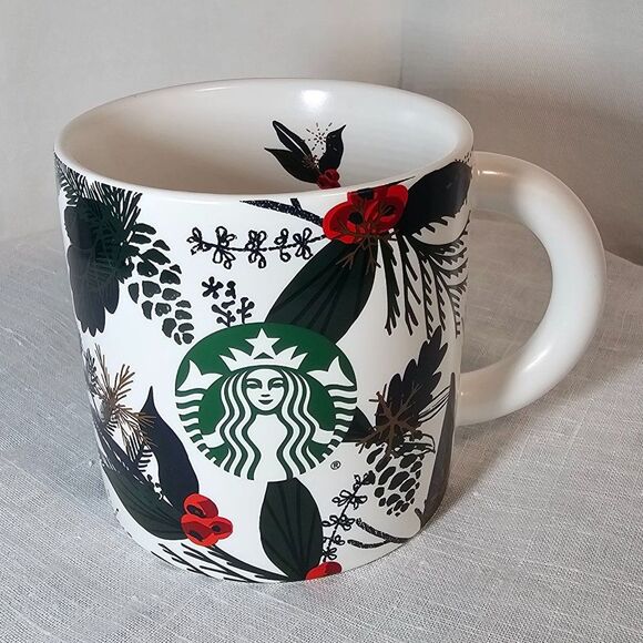 Starbucks 2021 Christmas Coffee Mug w Holly & Pinecones on it 12 oz - Picture 1 of 5